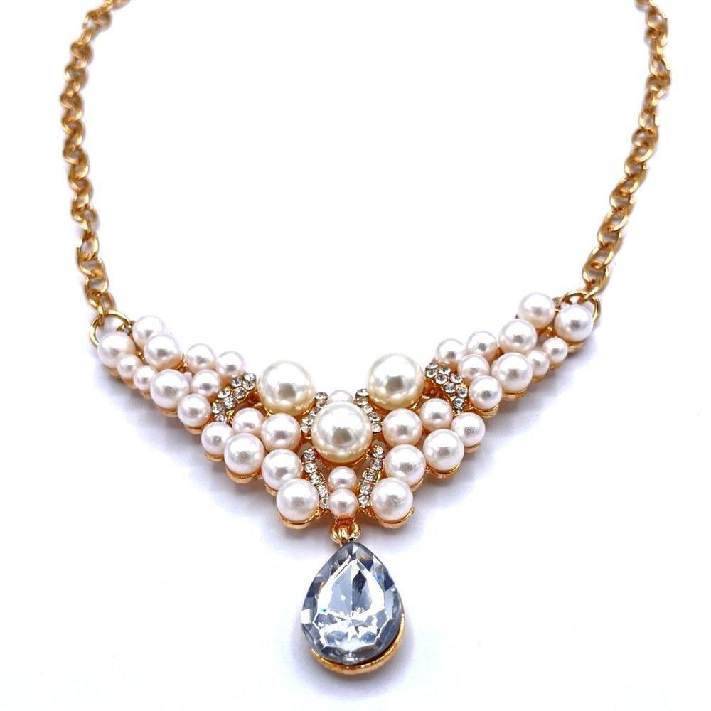 Yellow Gold with Diamond Crystal and Pearl Cluster Adjustable Drop Necklace